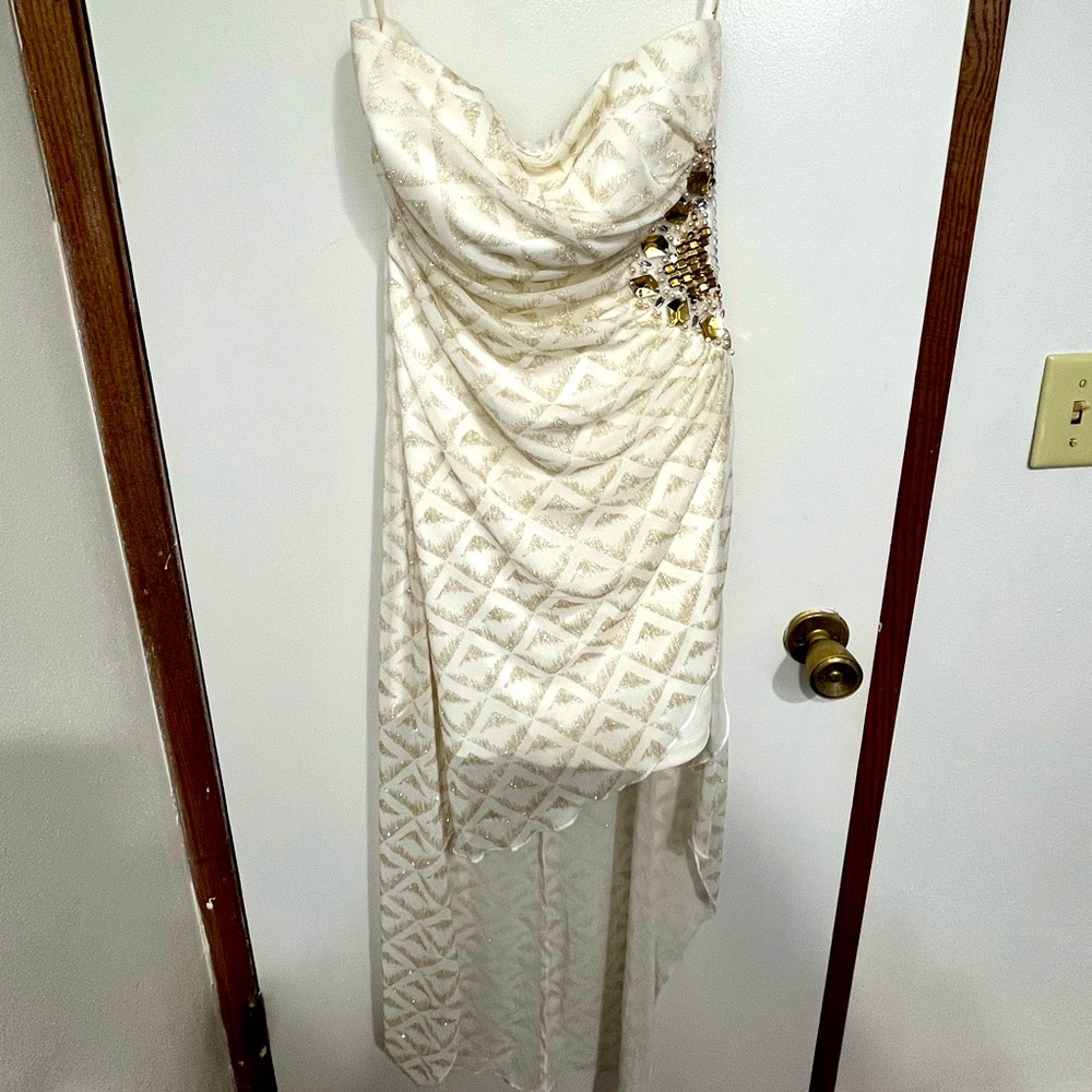 Beautiful Classy White/Gold Strapless Hi-Low Dress